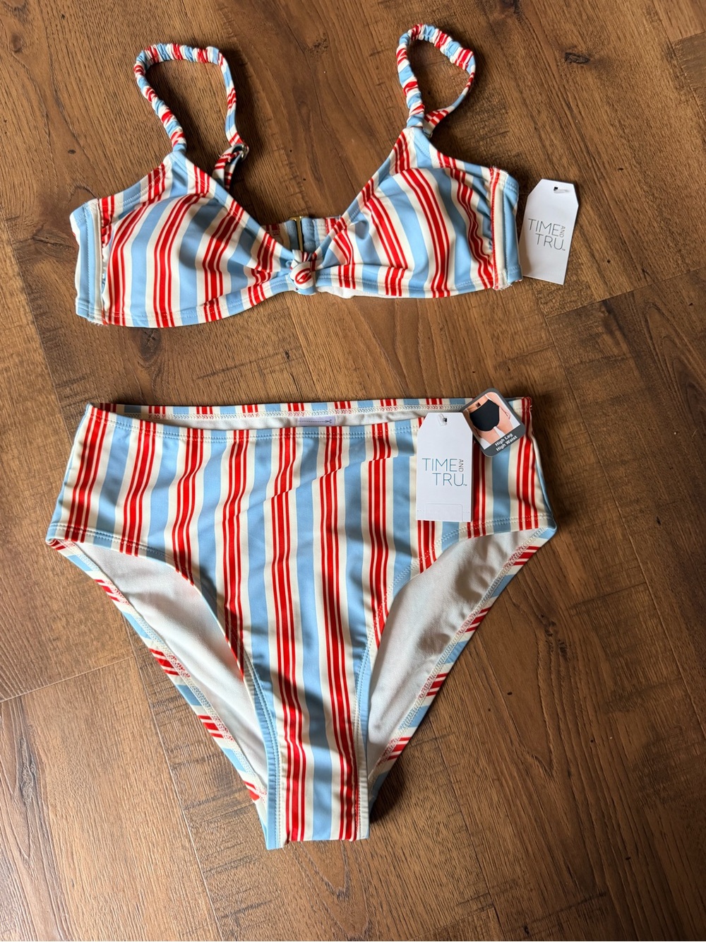 Time and Tru women’s Red & Light Blue Striped Two-Piece Swim Set size small 4-6